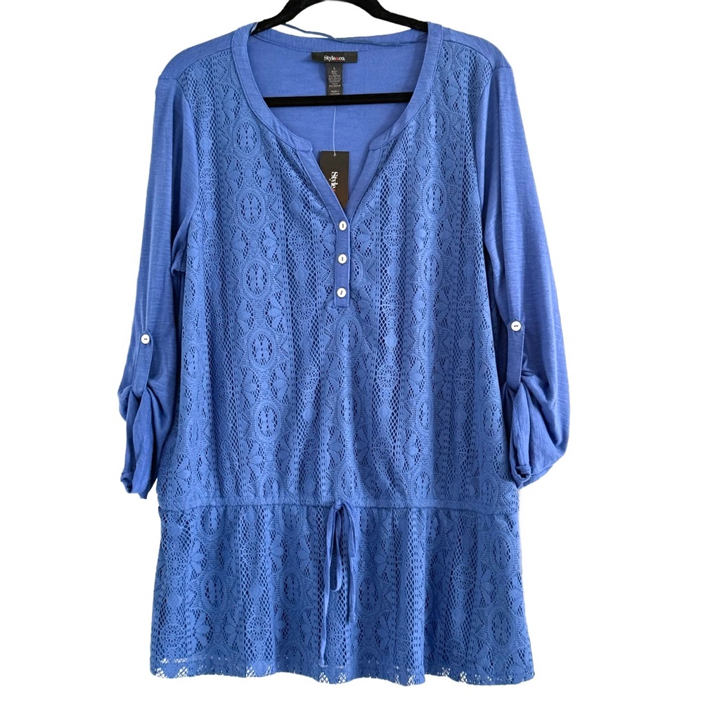 🌻 Style & Co. Blue Knit and Crochet Lace Tunic Top Large